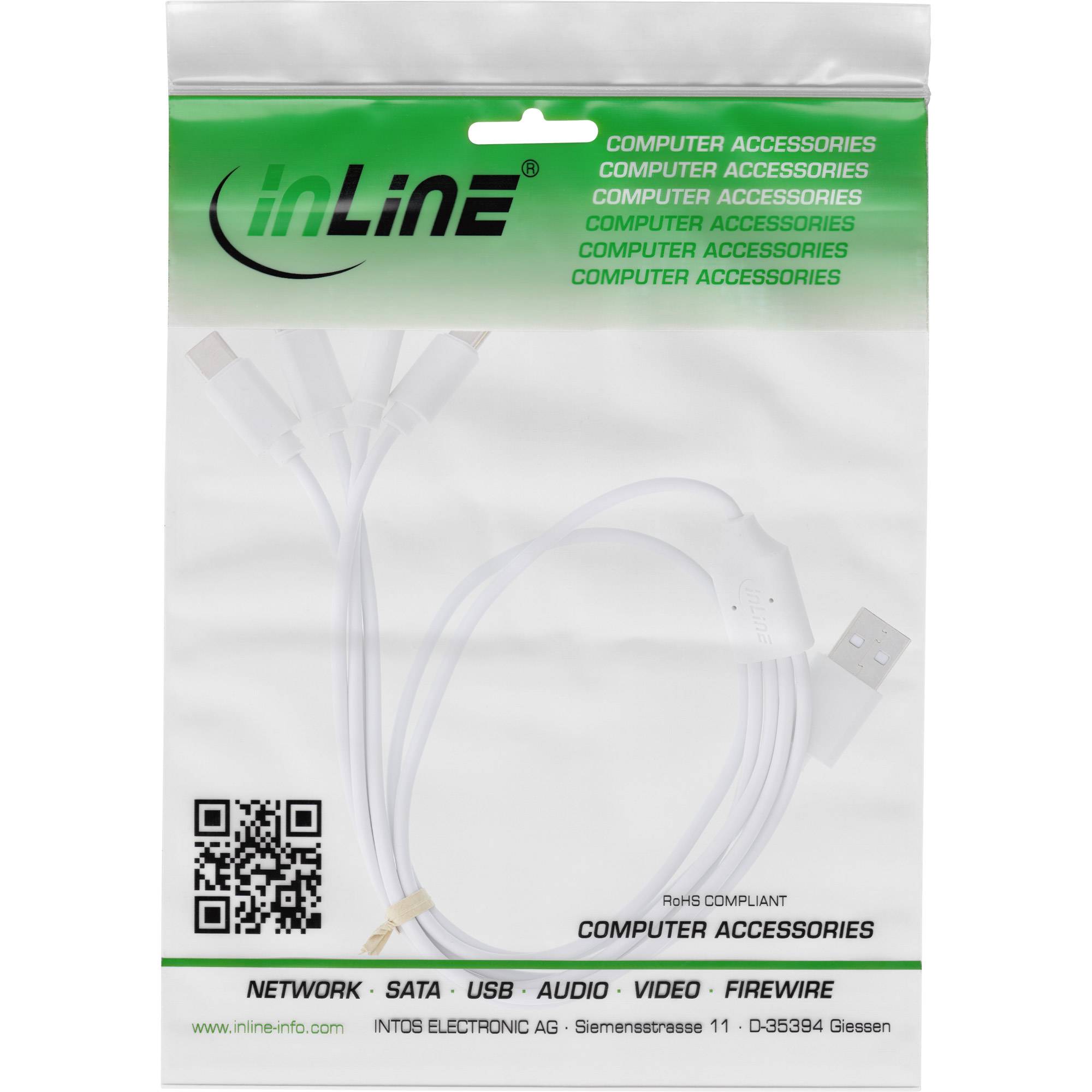 InLine'-Marke USB-Kabel-Verpackung, gekennzeichnet mit 'Computer-Zubehör', zeigt ein weißes USB-Kabel, das durch einen transparenten Abschnitt sichtbar ist.