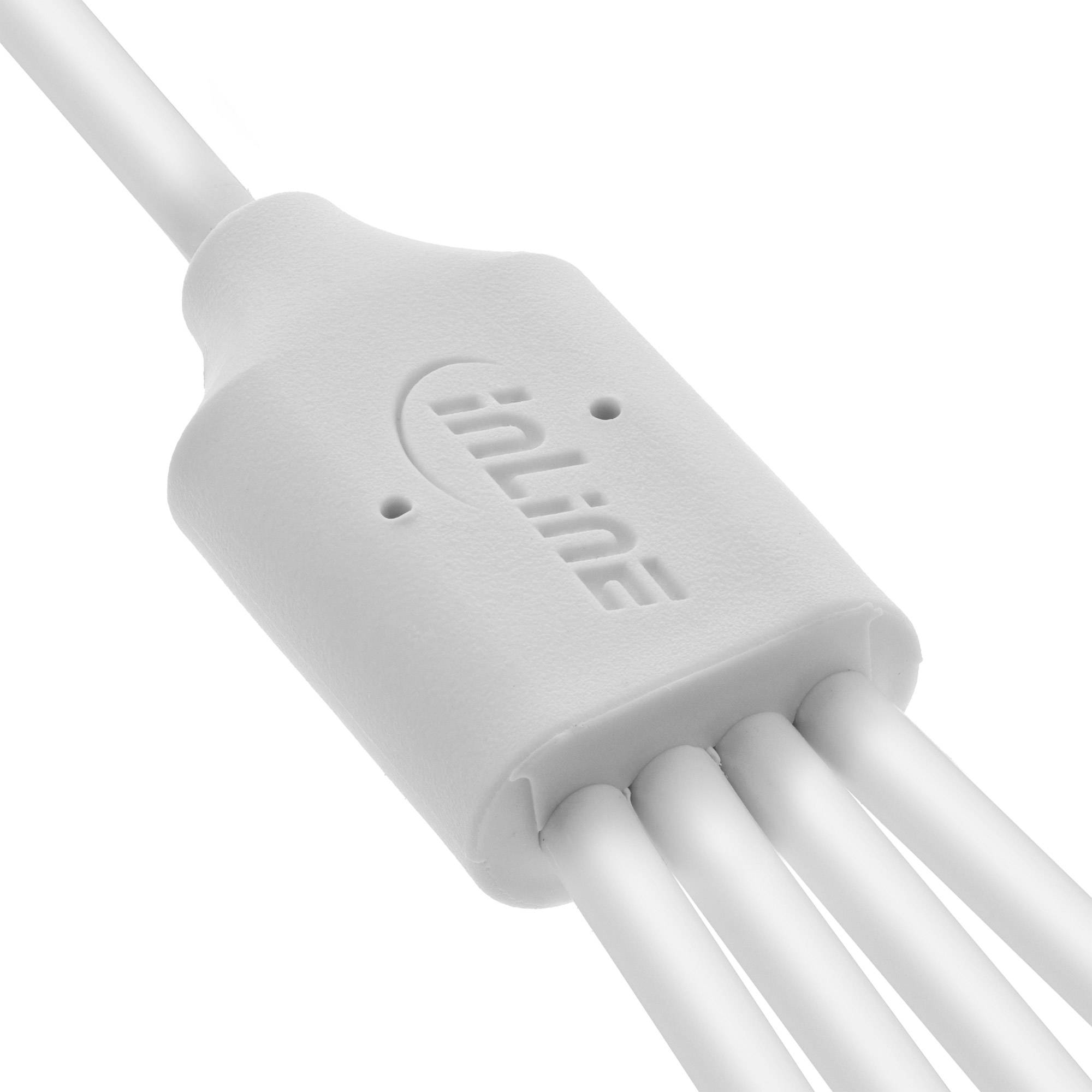 InLine' weißer Kunststoff-Verteiler mit einem Eingang und vier Ausgangskabeln, verwendet zur Verteilung von elektrischen Signalen oder Strom.