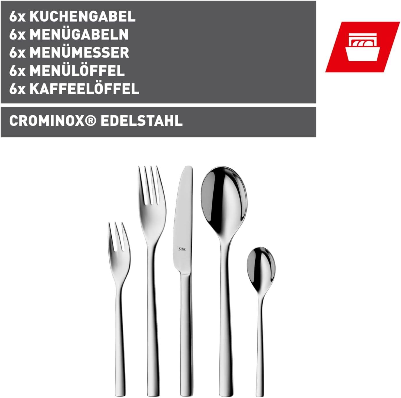 6x Kuchengabel, Menügabel, Menümesser, Menülöffel, Kaffeelöffel, Crominox Edelstahl' mit Besteck: Gabel, Messer, Löffel Bild