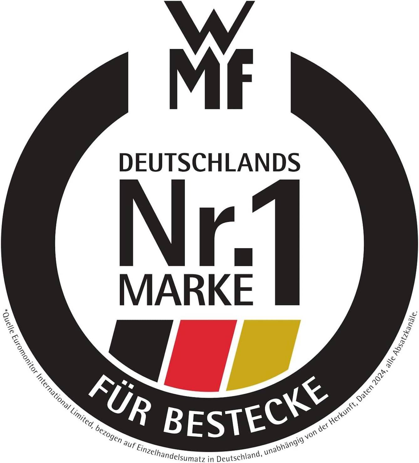 WMF Deutschlands Nr. 1 Marke für Bestecke' Logo, das stilisierte Schriftzüge und Elemente in Schwarz, Rot und Gold zeigt.