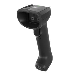 Tragbarer schwarzer Barcode-Scanner auf dunklem Hintergrund, in schräger Ansicht, um das Scannerfenster und den Abzug zu zeigen.