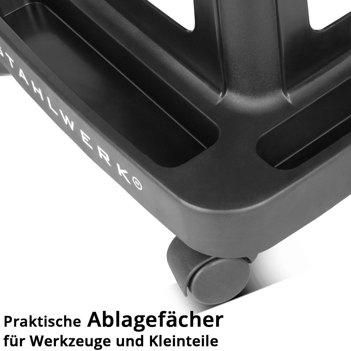 Stahlwerk. Praktische Ablagefächer für Werkzeuge und Kleinteile.