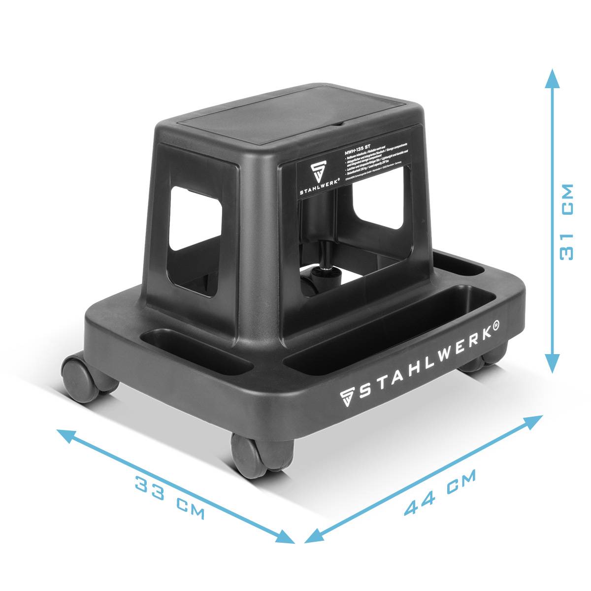 Ein schwarzer Rollhocker von Stahlwerk mit beschrifteten Abmessungen: Höhe 31 cm, Breite 44 cm, Tiefe 33 cm. Ausgestattet mit vier Rollen für Mobilität.