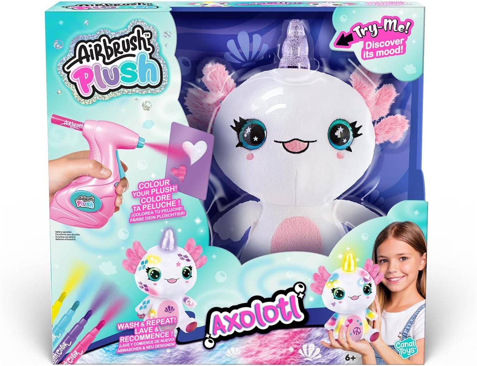 Airbrush Plüsch' Spielzeug-Set mit einem weißen Axolotl-Plüschtier und Airbrush-Werkzeug. Fördert kreatives Spielen mit 'Probiere mich!' Funktion. Für Kinder ab 6 Jahren.
