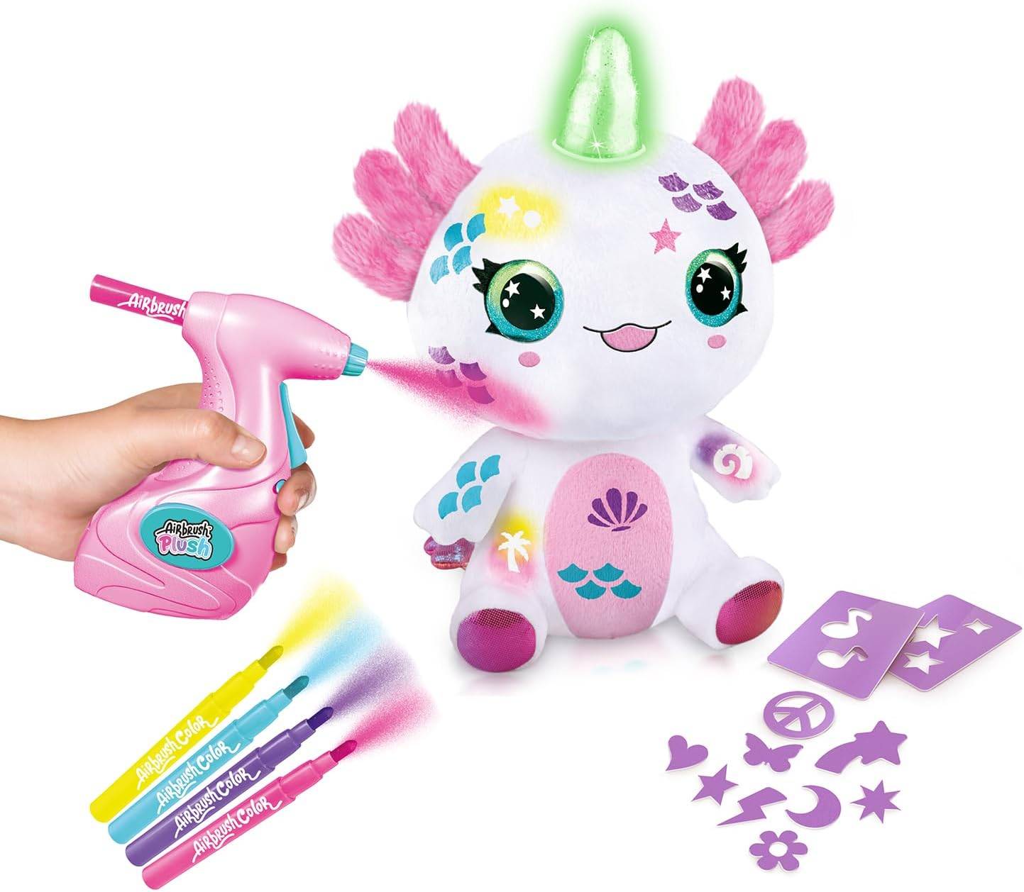 Ein Spielzeug-Einhorn mit bunten Designs und einem Sprühfarbwerkzeug zum Dekorieren. Enthält verschiedene bunte Marker und Schablonen-Formen.