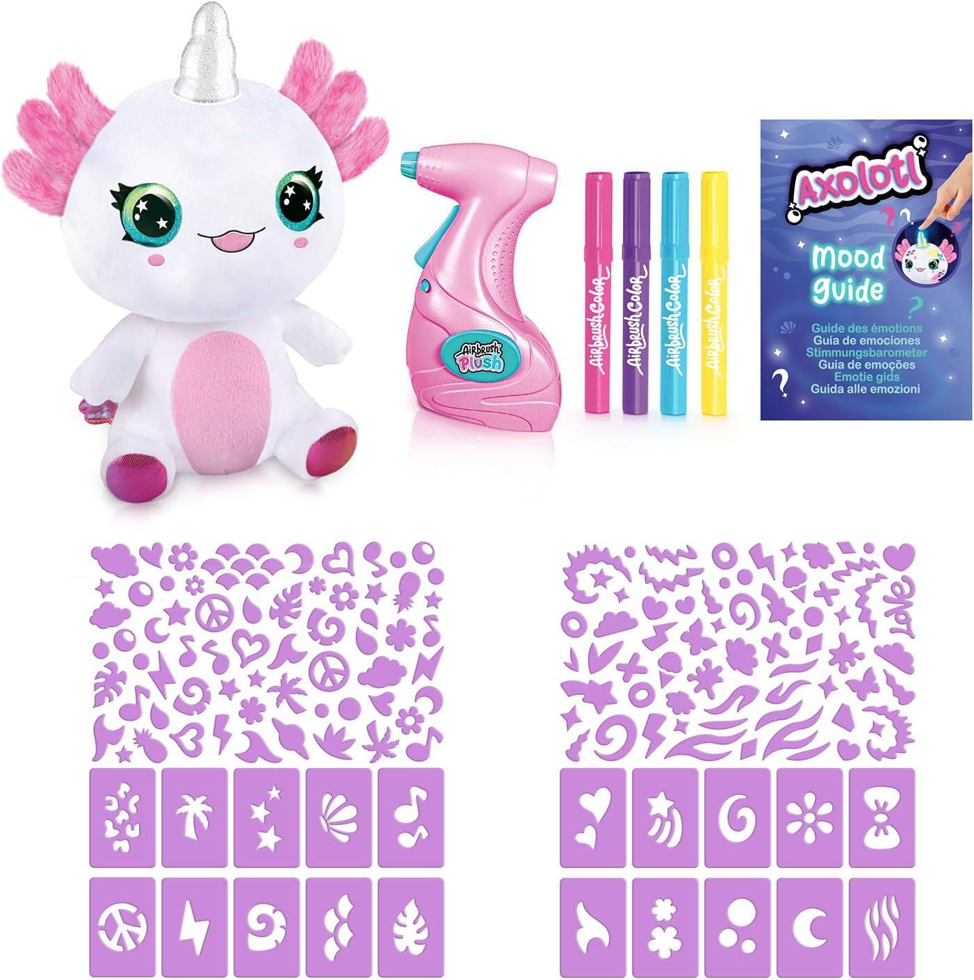 Plüsch-Einhorn-Spielzeug mit Dekorationsset, bestehend aus Farbmarkern, kleinem haartrocknerartigen Werkzeug, Stimmungsratgeber-Broschüre und Schablonenbogen.