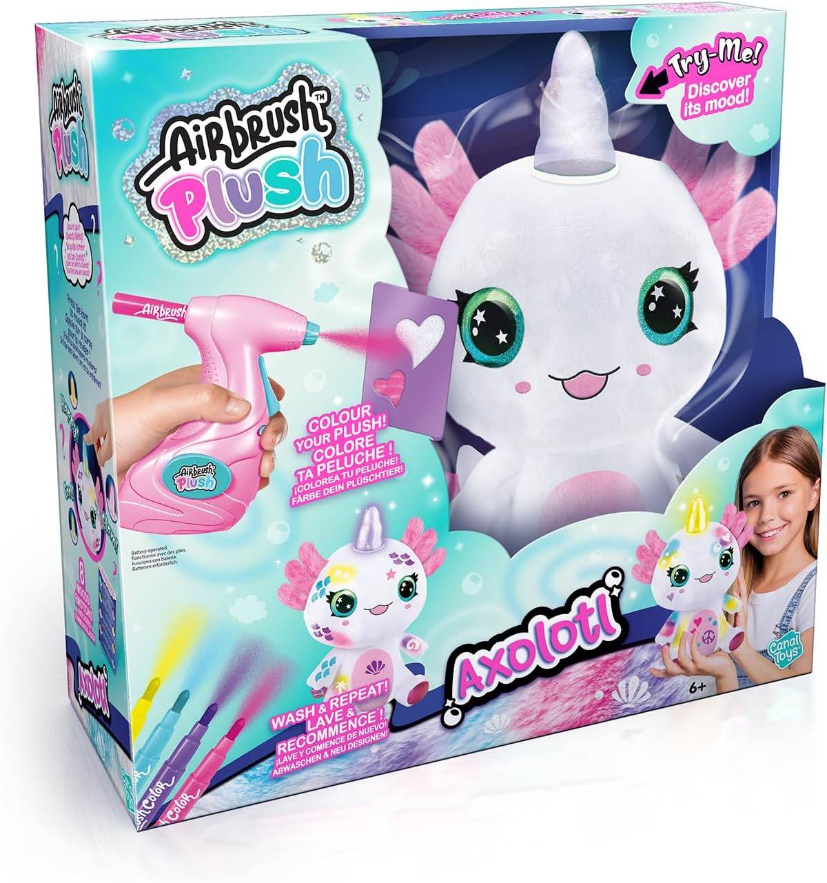 Schachtel mit dem 'Airbrush Plush Axolotl' Spielzeug und einem Airbrush-Werkzeug. Das Spielzeug ändert seine Farben und ist waschbar. Geeignet für Kinder ab 6 Jahren.