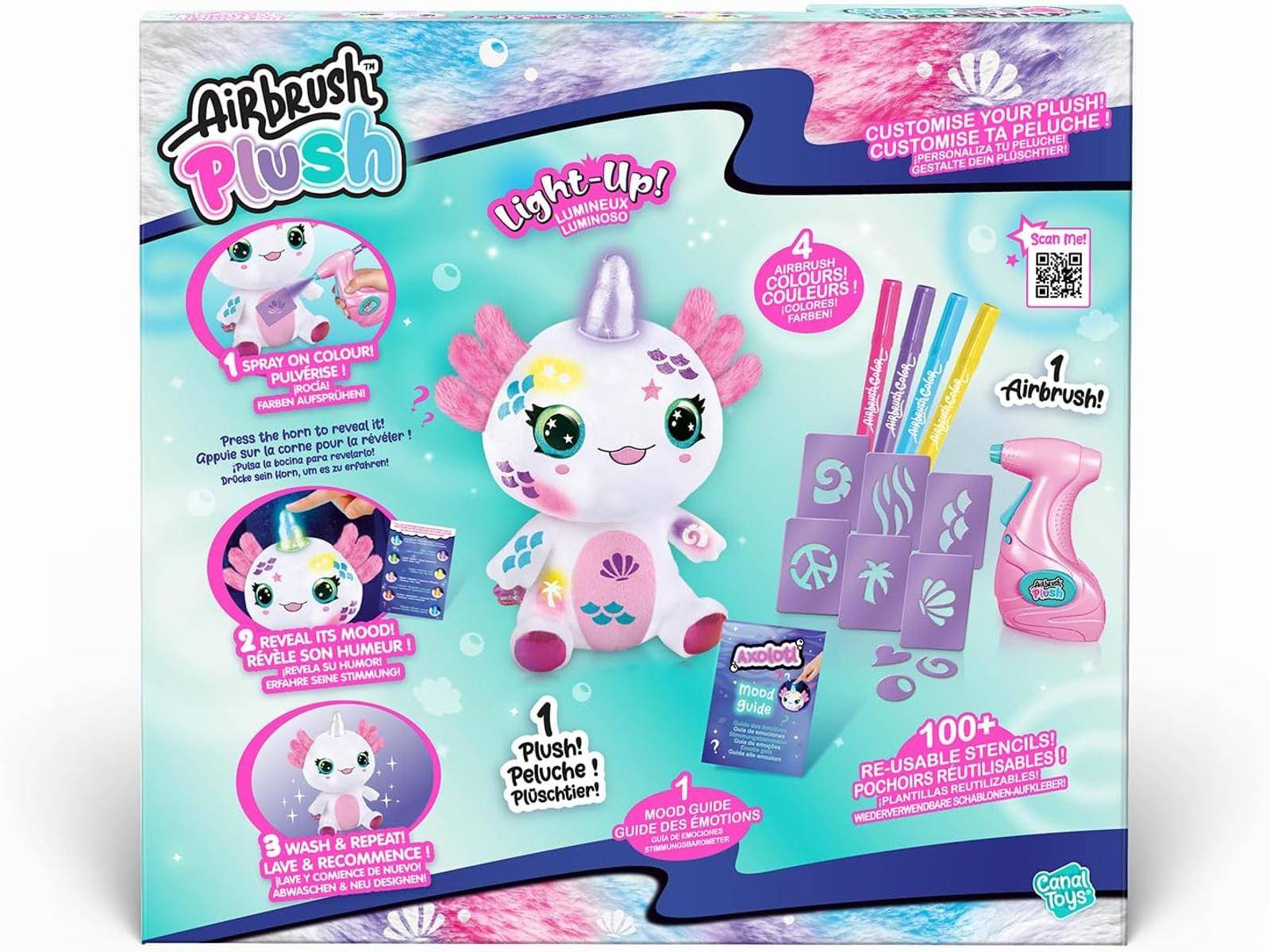 Airbrush Plüsch' Set: enthält leuchtenden Einhorn-Plüsch, Airbrush-Werkzeug, vier Farben, wiederverwendbare Schablonen und einen Stimmungsleitfaden für Individualisierung.