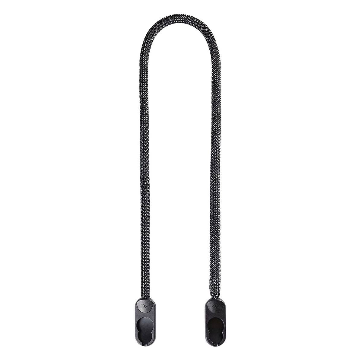 Ein flexibles, U-förmiges schwarzes Kabel mit Kunststoff-Schutzkappen an beiden Enden, das zum Befestigen oder Organisieren von Gegenständen verwendet wird.