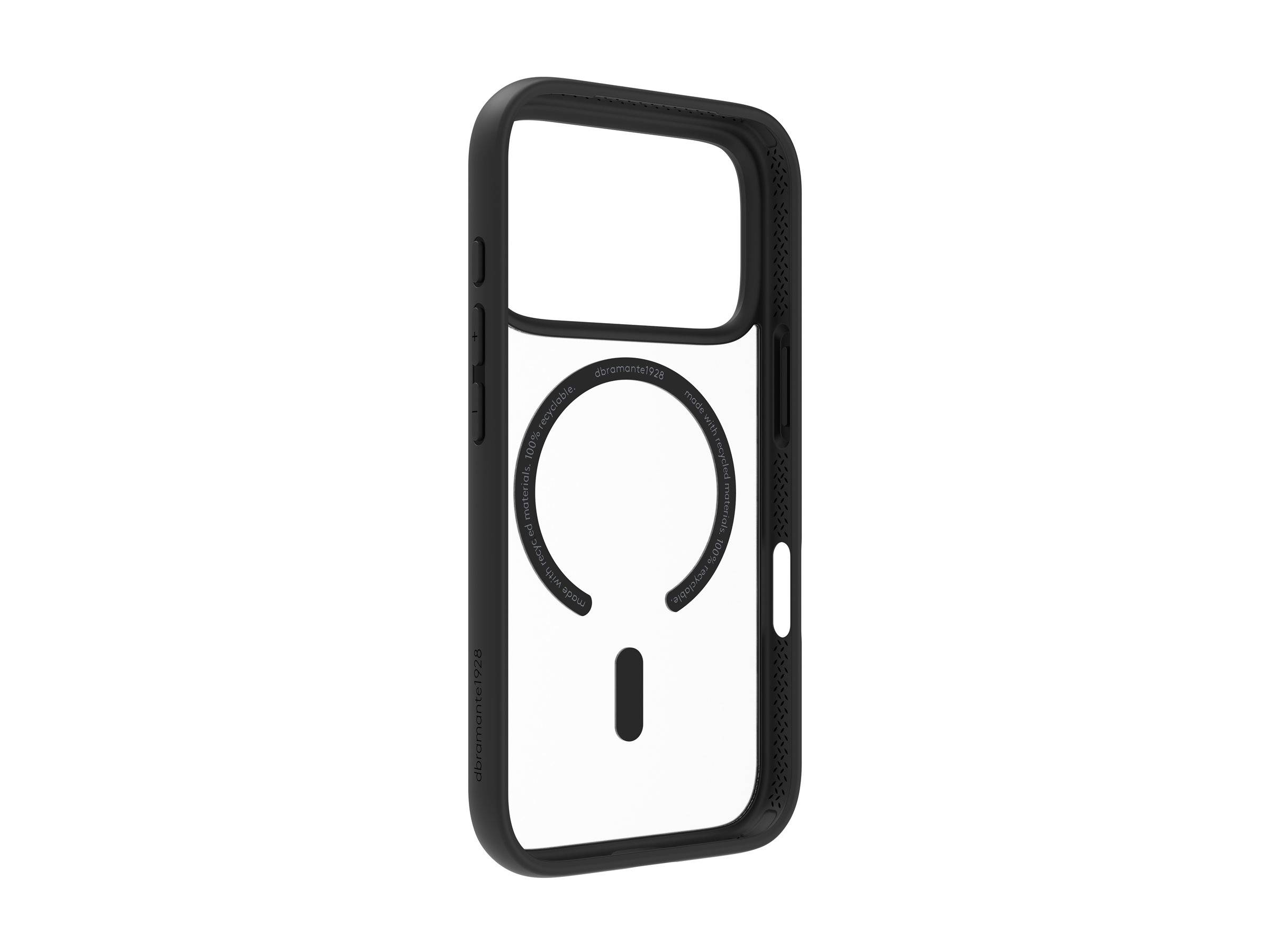 Ein schwarzes Handygehäuse mit einem kreisförmigen und vertikalen Balkendesign auf einem weißen Hintergrund. Seitenknöpfe sind sichtbar. Das Design deutet auf Kompatibilität mit magnetischen Zubehörteilen hin.