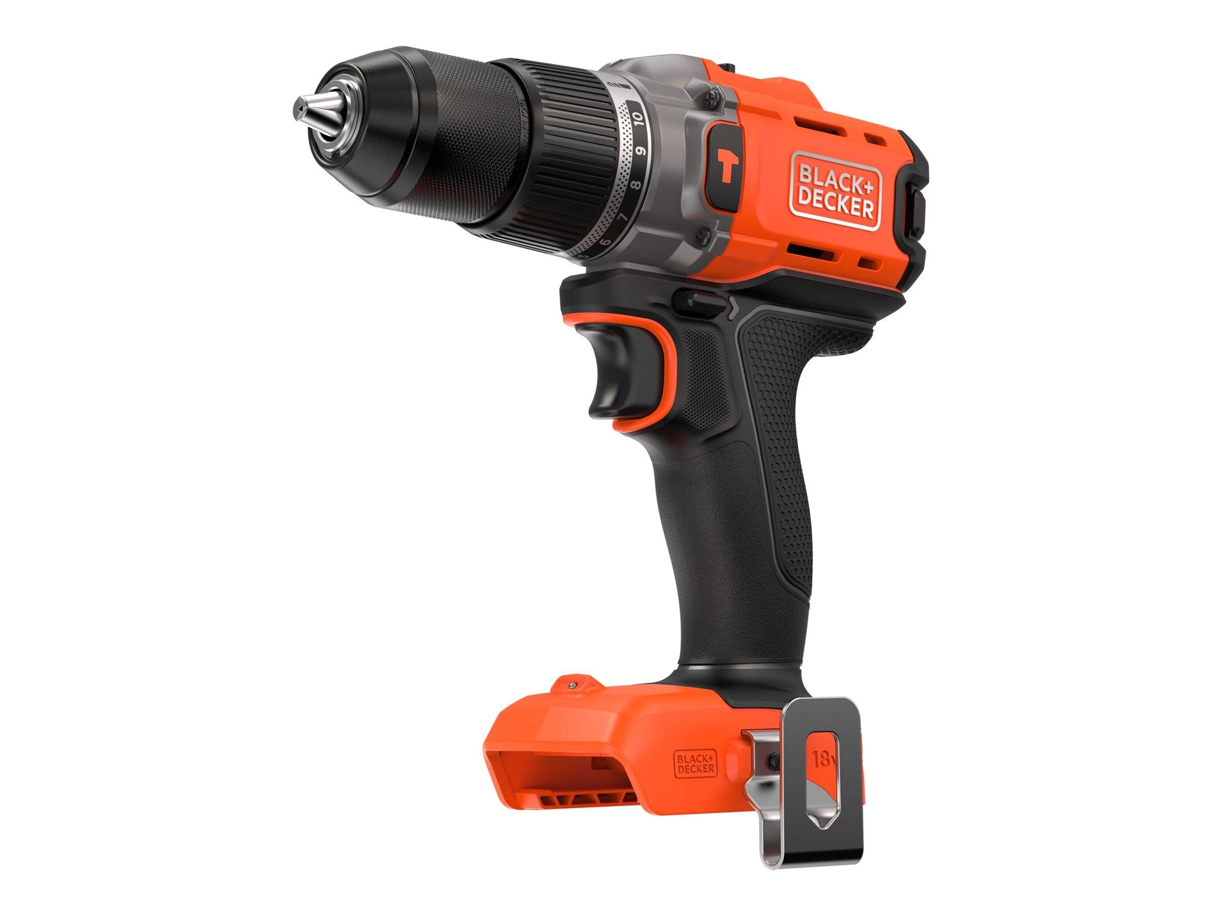 Black+Decker Akku-Bohrmaschine in Orange und Schwarz, abgebildet auf weißem Hintergrund mit angebrachter Batteriebasis.