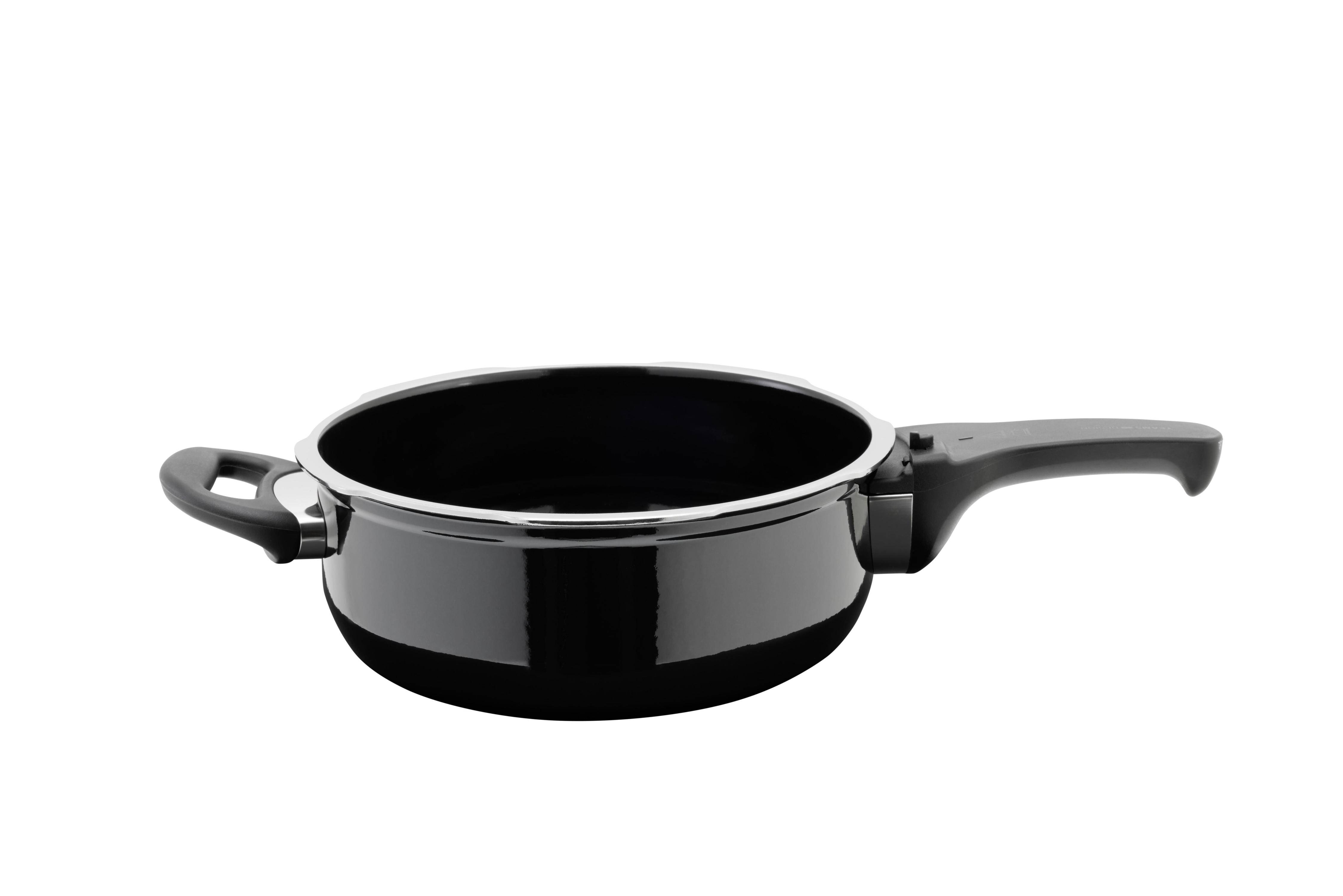 Ein schwarzer Antihaft-Kochtopf mit glänzender Außenseite und einem Griff an einer Seite, isoliert vor einem weißen Hintergrund.