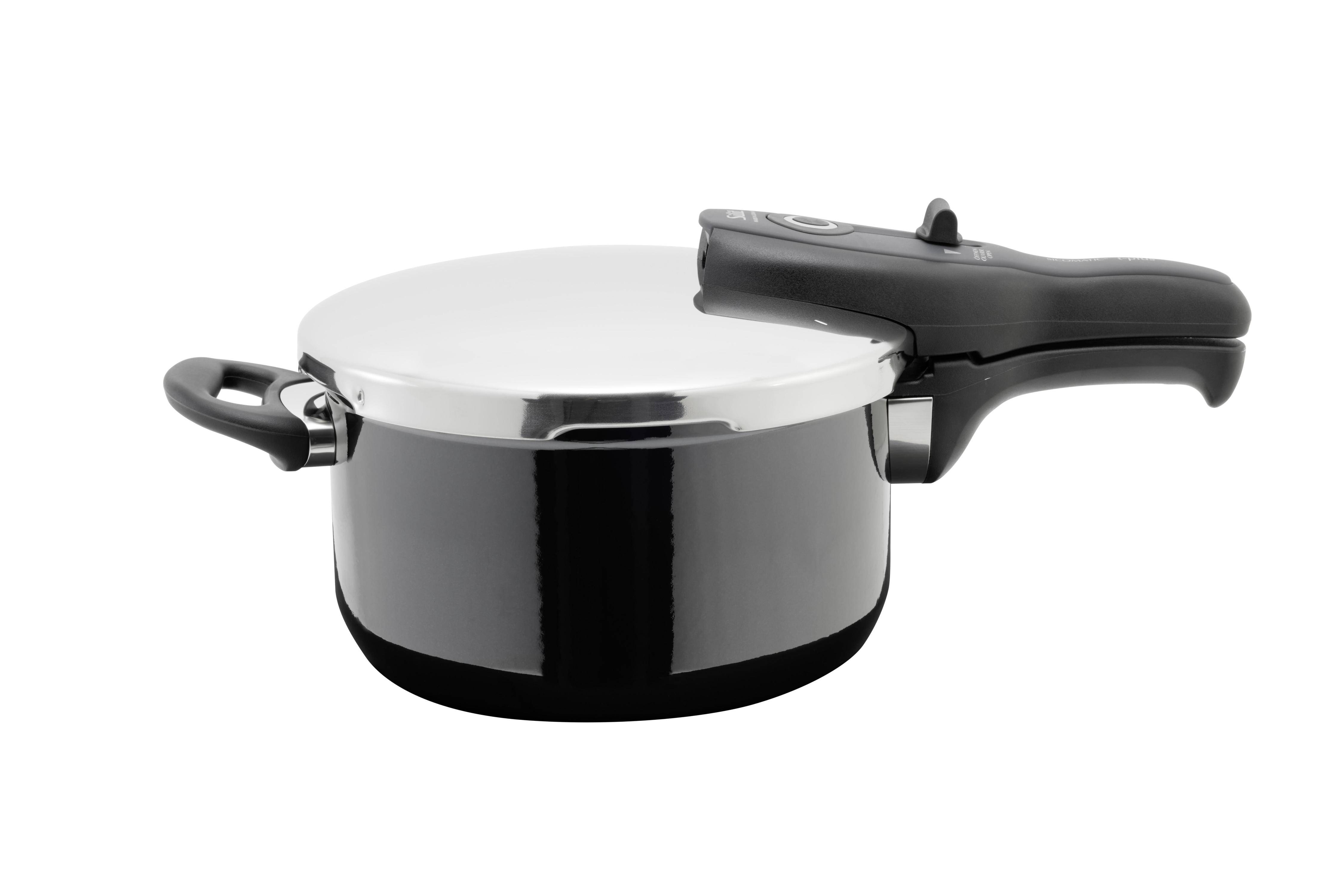 Ein schwarzer und silberner Schnellkochtopf mit Deckel und Griff, nach rechts gerichtet, auf weißem Hintergrund.