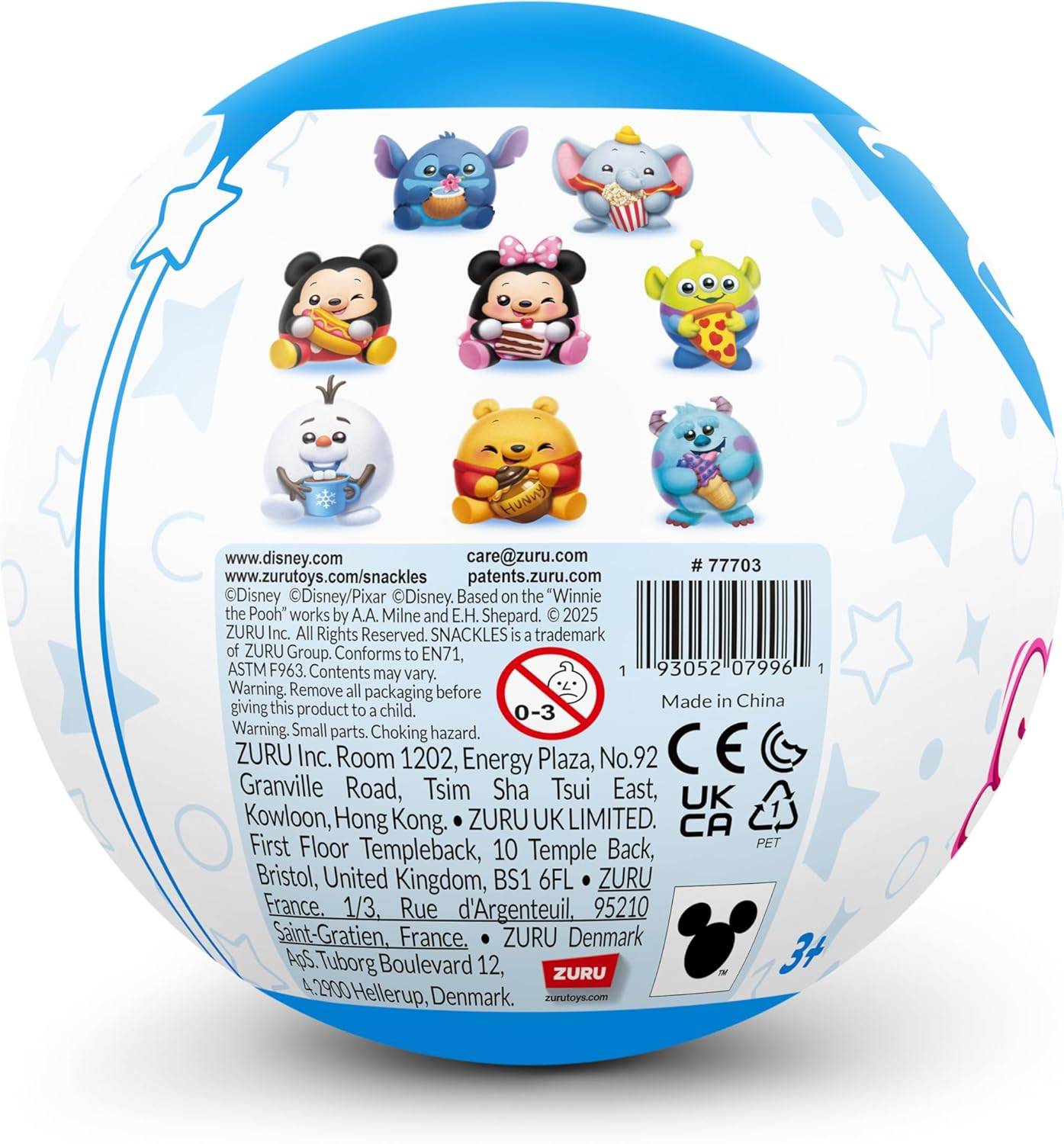 Ein kugelförmiges Spielzeugpaket mit Zeichentrickfiguren wie Mickey Maus und Winnie Puuh, mit Produktdetails und Firmeninformationen.