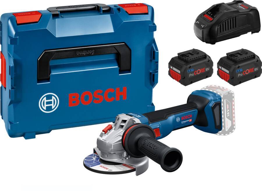 Das Bild zeigt einen Bosch Akku-Winkelschleifer mit einem blauen Transportkoffer und zwei Akkupacks mit der Aufschrift 'ProCORE 18V'.