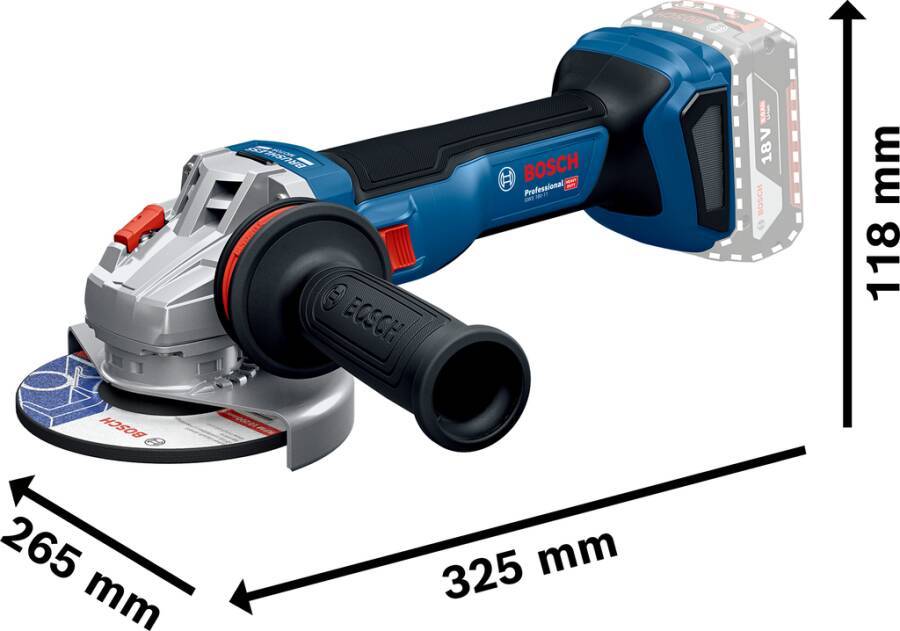Ein Bosch Professional Winkelschleifer mit einer Länge von 325 mm wird gezeigt. Der Schleifer verfügt über einen roten Griff und ist als akkubetrieben gekennzeichnet.
