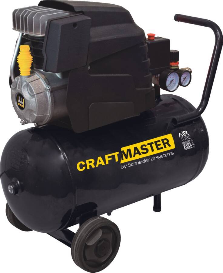 CraftMaster von Schneider airsystems' Luftkompressor mit Druckmessgeräten und einem schwarzen Tank auf Rädern, konzipiert für den Einsatz von Druckluftgeräten.