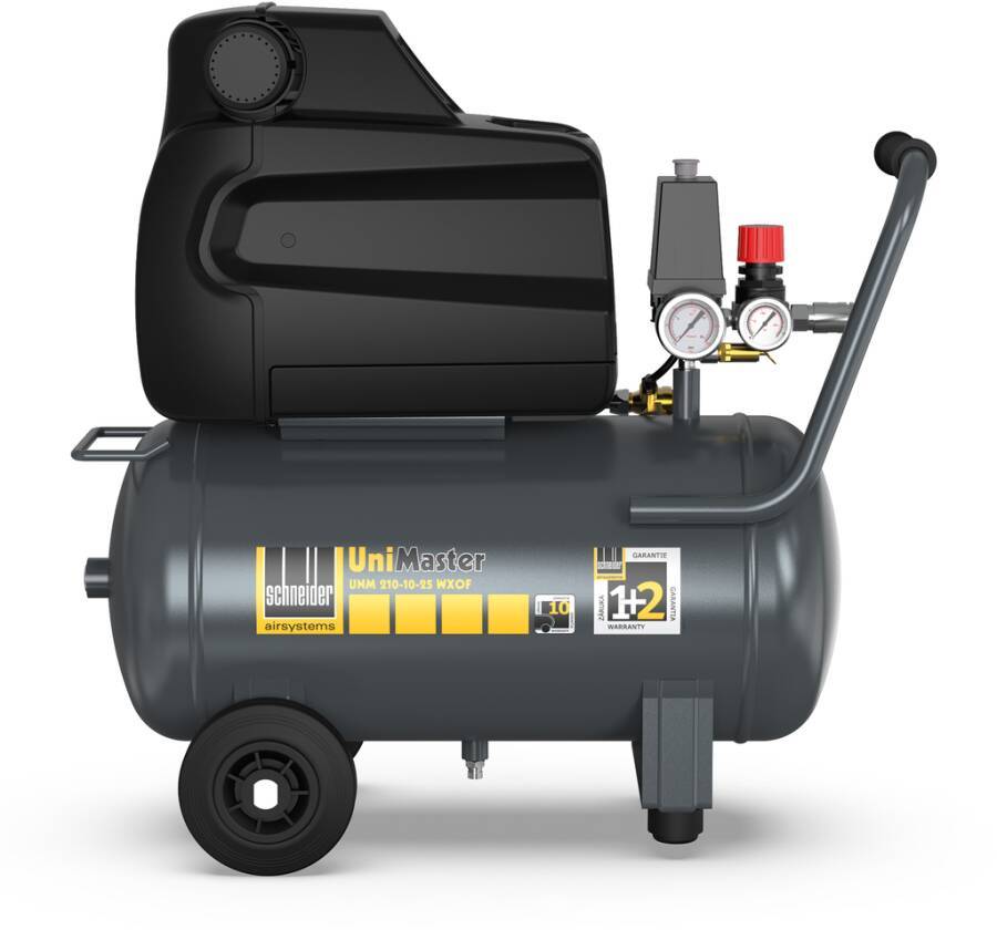 Ein tragbarer Luftkompressor mit einem großen schwarzen Motor oben und angebrachten Manometern, mit der Beschriftung 'UniMaster', für einfache Mobilität konzipiert.