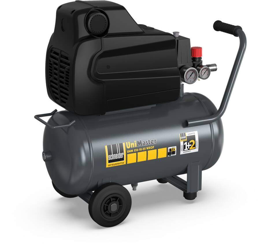 Ein fahrbarer Luftkompressor mit einem schwarzen Motor und einem grauen Tank, ausgestattet mit einem Griff und Druckmessgeräten, beschriftet mit 'UniMaster'.
