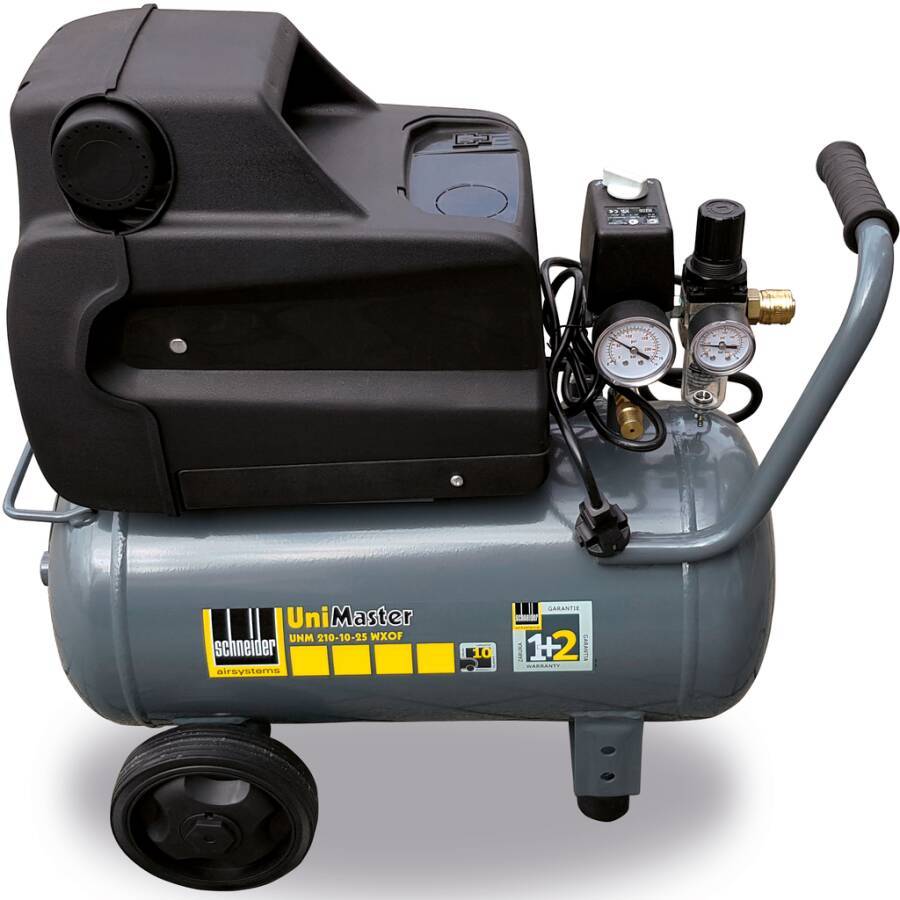Tragbarer Luftkompressor mit Druckmessgeräten, schwarzem Motorgehäuse und Griffen. Modelletikett zeigt 'UniMaster'.