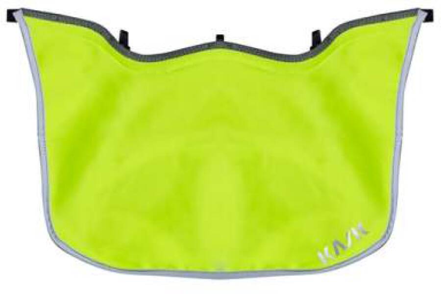 Eine leuchtend gelbe Abdeckung mit kleinen schwarzen Befestigungen, die häufig für Helme oder Ausrüstung zur Erhöhung der Sichtbarkeit verwendet wird und die Markenbezeichnung 'KASK' trägt.