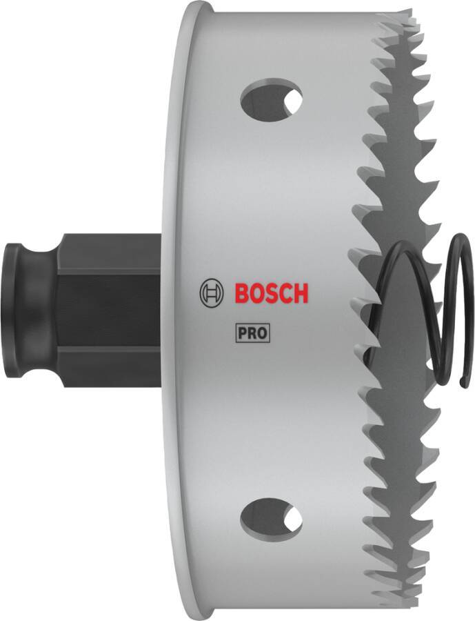Ein Bosch Kreislochsägeaufsatz mit Bohrvorrichtung, mit der Aufschrift „PRO
