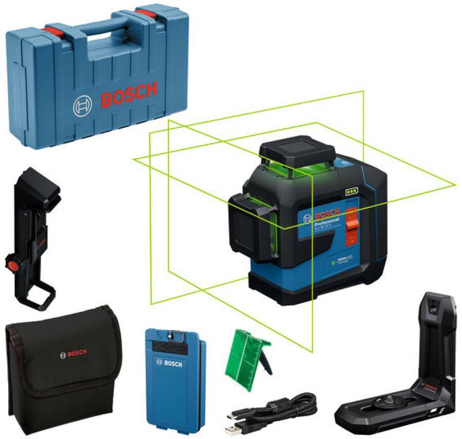 Bosch-Lasernivelliergerät-Set mit grünen Laserlinien, Ladegerät, Transportkoffer, Wandhalterung, Zielscheibe und Zubehör präsentiert.