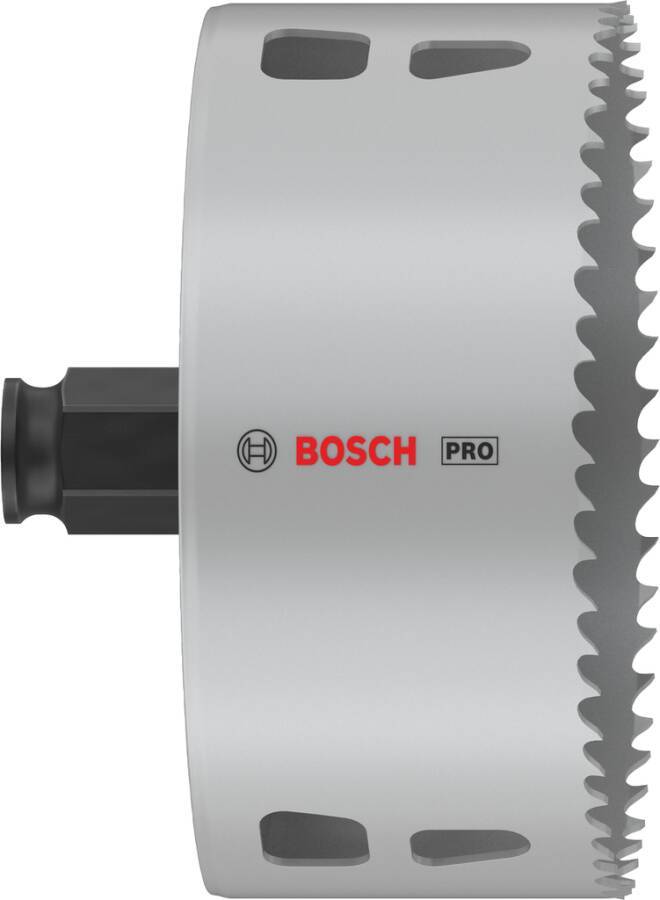 Ein Nahaufnahme einer Bosch Pro Sägeblatt mit gezackten Zähnen, entwickelt zum Schneiden. Das Bosch-Logo ist prominent auf der metallischen Oberfläche zu sehen.