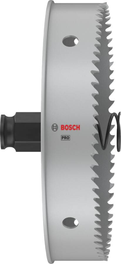 Eine Nahaufnahme einer Bosch Pro Kreissägeblatt mit sichtbaren Zähnen, die das industrielle Design und das Markenlogo auf der Oberfläche betonen.