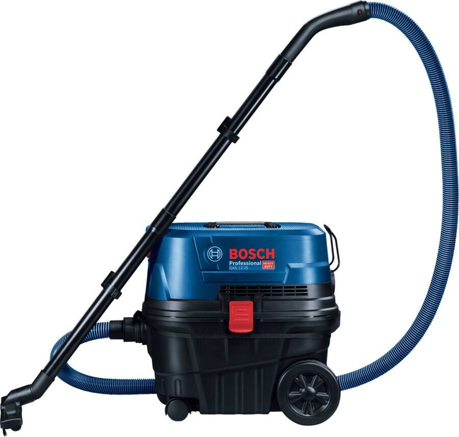 Ein blauer und schwarzer Bosch Professional Staubsauger mit einem langen flexiblen Schlauch, robusten Rädern und roten Akzenten für industrielle Anwendungen.