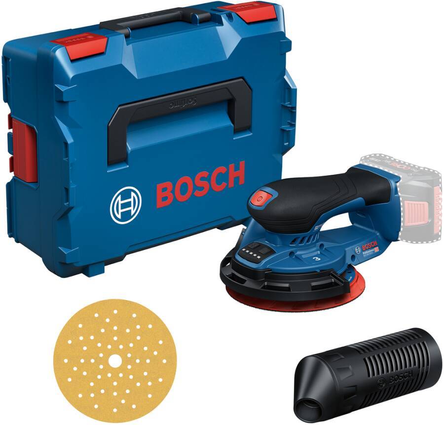 Ein Bosch Akku-Schleifer-Set inklusive blauer Aufbewahrungsbox, Schleifscheibe und Staubabsaugvorrichtung, ideal für Holzbearbeitungsaufgaben.