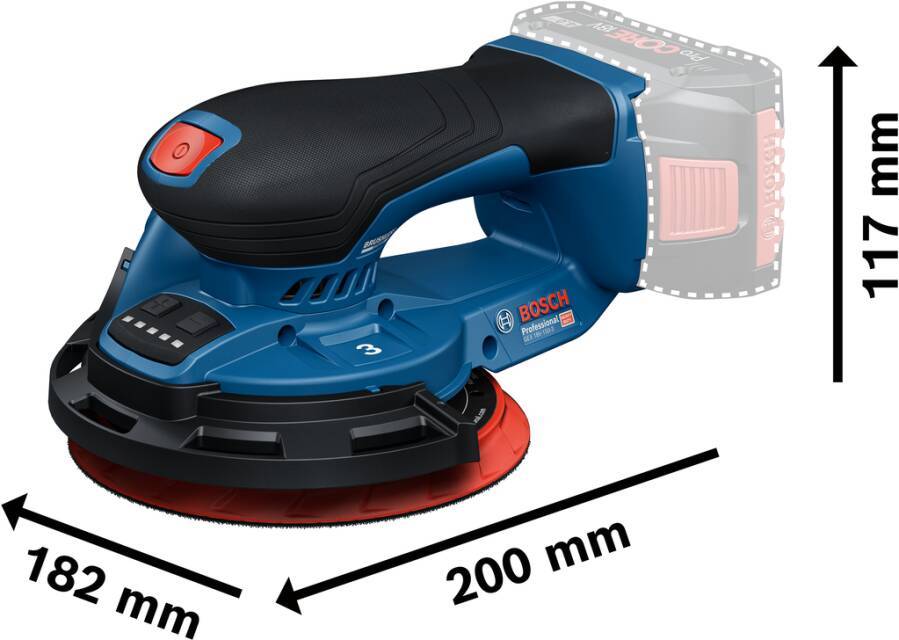 Blauer und schwarzer Bosch Elektro-Schleifer mit einer roten Schleifscheibe. Die Länge des Werkzeugs beträgt 200 mm.