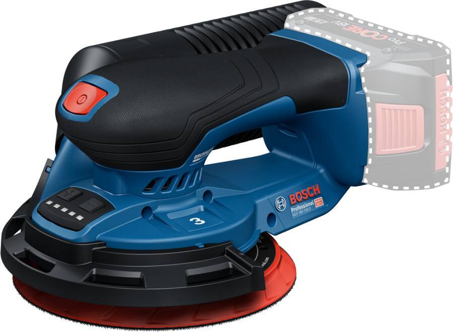 Bosch Professional Exzenterschleifer mit blau-schwarzem Design, rotem Schalter und sichtbarem Bosch-Logo, verwendet zum Schleifen von Oberflächen.