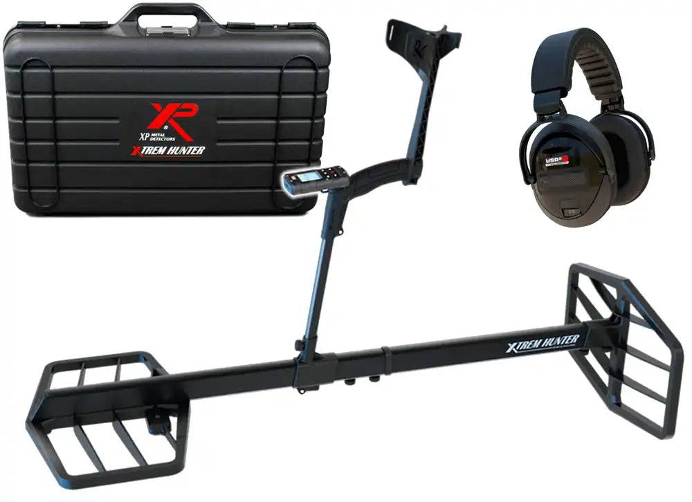 Xtreme Hunter Metalldetektor-Set mit Tragetasche, Armstütze und Kopfhörern auf weißem Hintergrund dargestellt.
