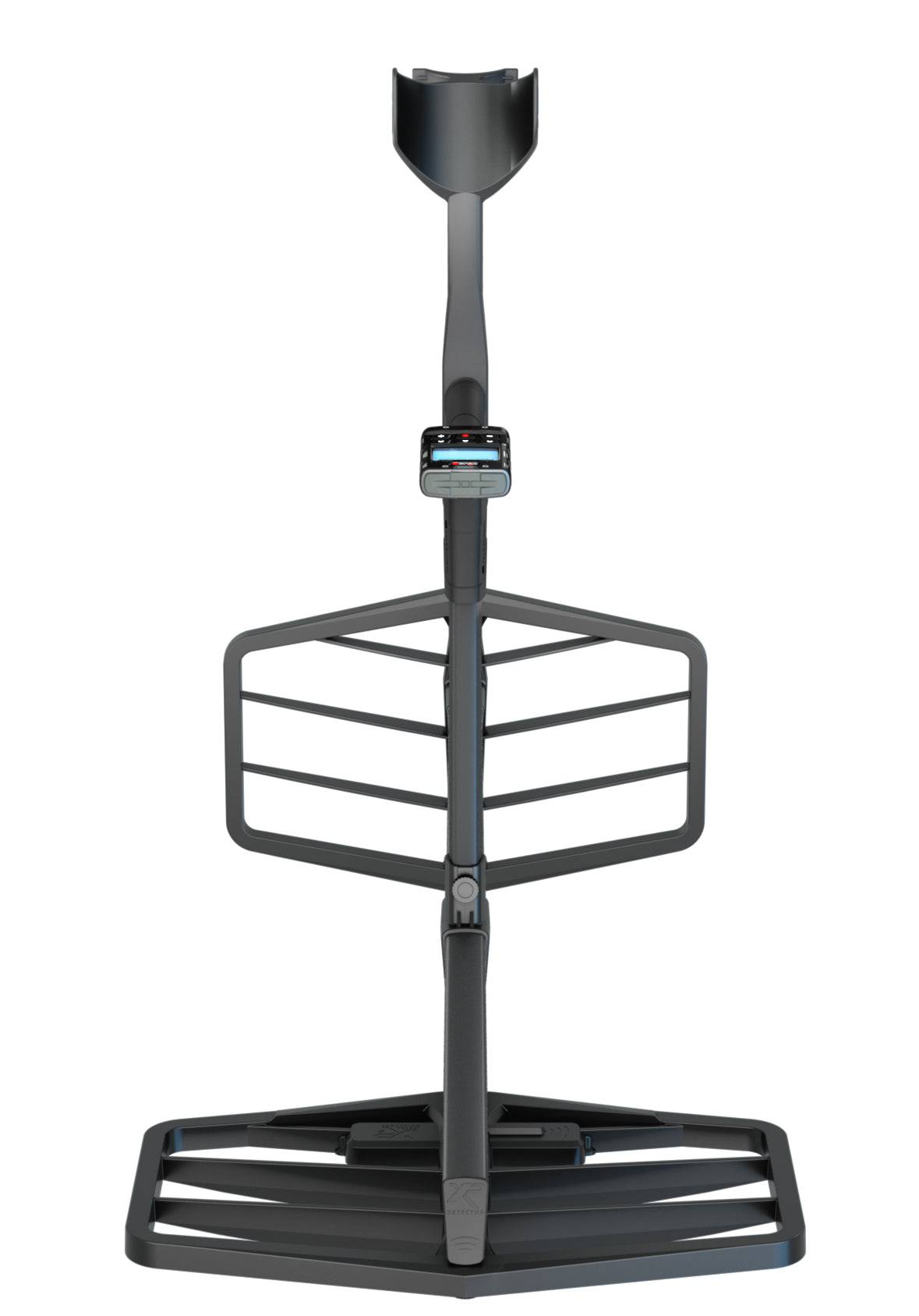 Ein vertikaler Ständer mit einem Bedienfeld nahe der Oberseite, der zwei symmetrische Plattformen aufweist, die horizontal auf beiden Seiten ausgerichtet sind.