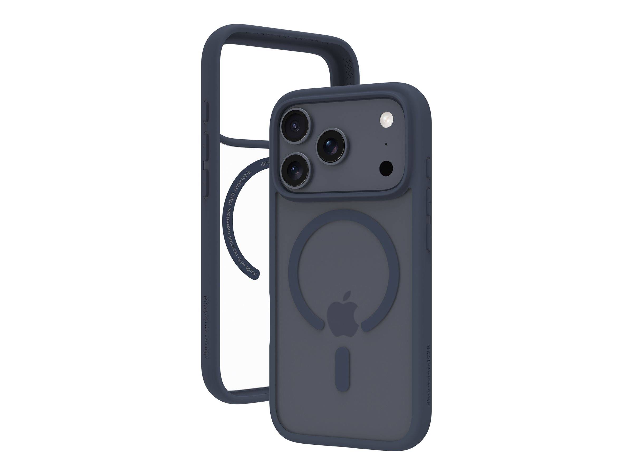 Transparente dunkle Handyhülle mit MagSafe-Ring, von vorne und hinten gezeigt, für ein iPhone mit Dreifachkamera.
