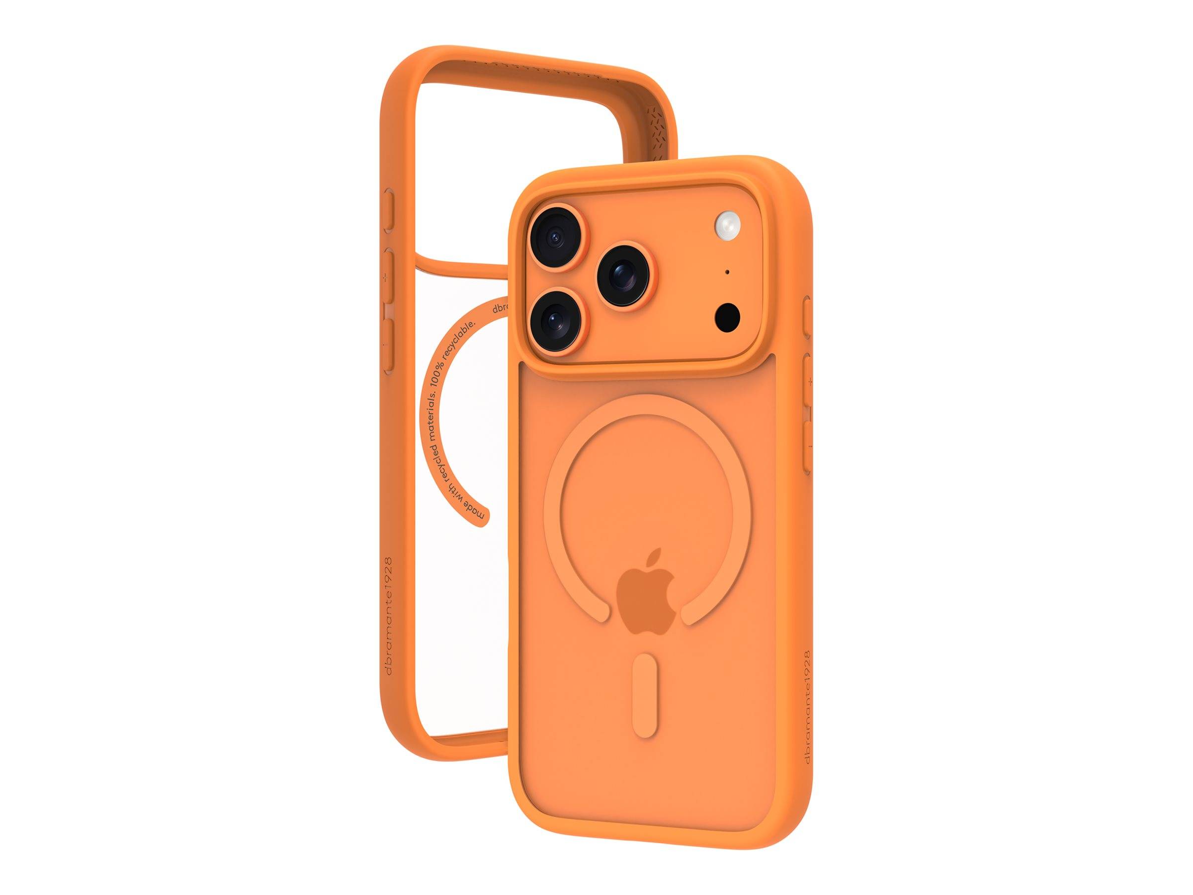 Orange iPhone-Hülle mit integriertem MagSafe-Ring, von vorne und hinten in einer produktgestalteten Ansicht gezeigt.