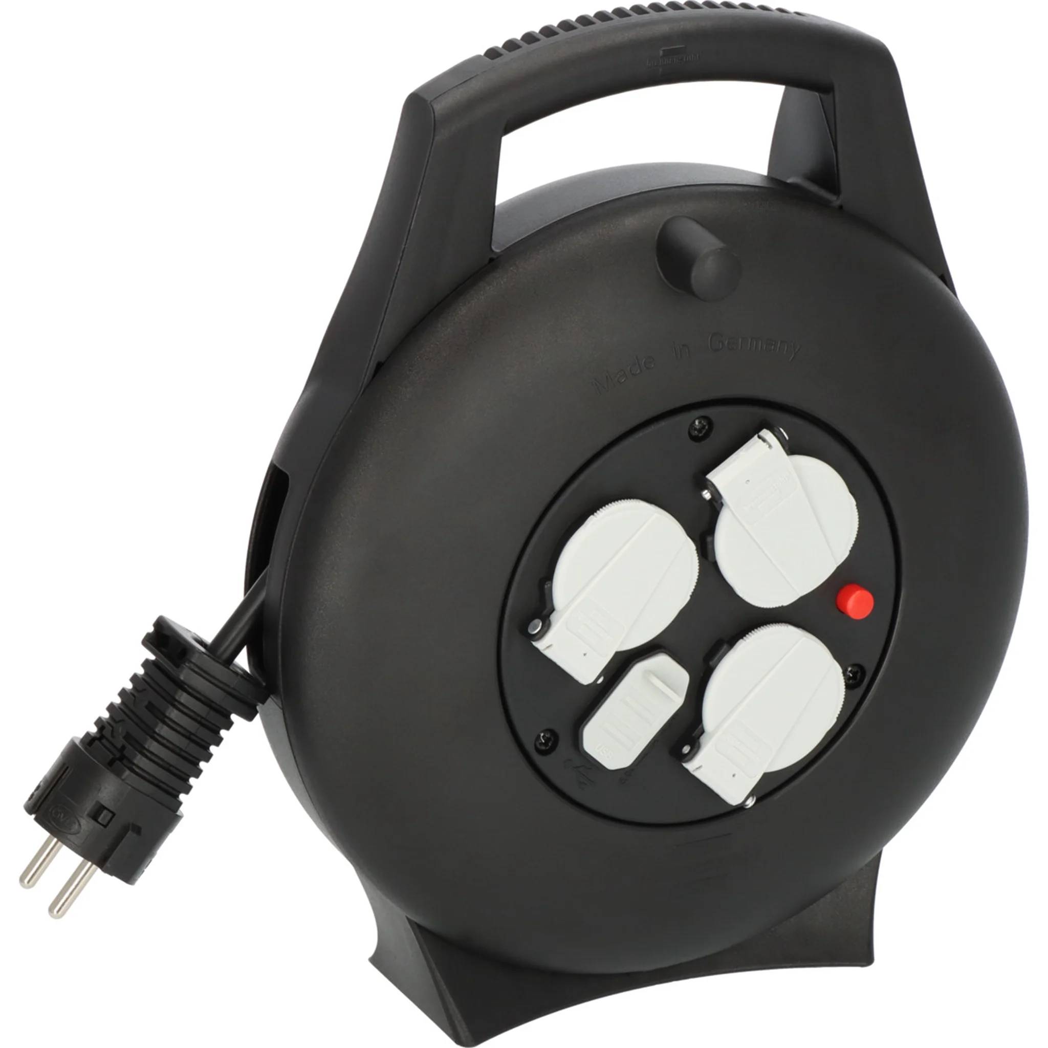 Brennenstuhl Vario Kabelbox, IP20, Mini-Kabeltrommel, schwarz/hellgrau mit 2x USB, 10m, 1 Stk.