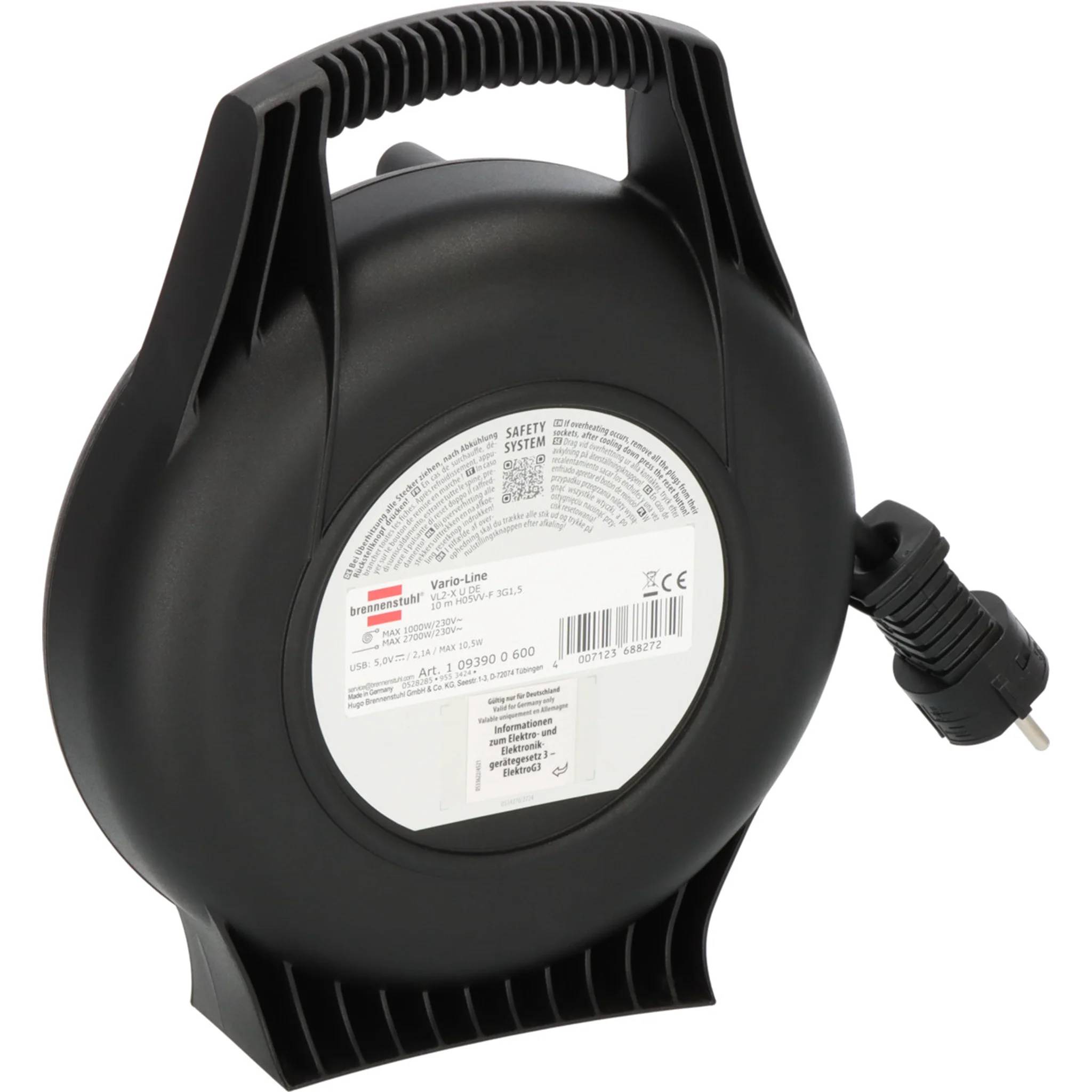 Brennenstuhl Vario Kabelbox, IP20, Mini-Kabeltrommel, schwarz/hellgrau mit 2x USB, 10m, 1 Stk.