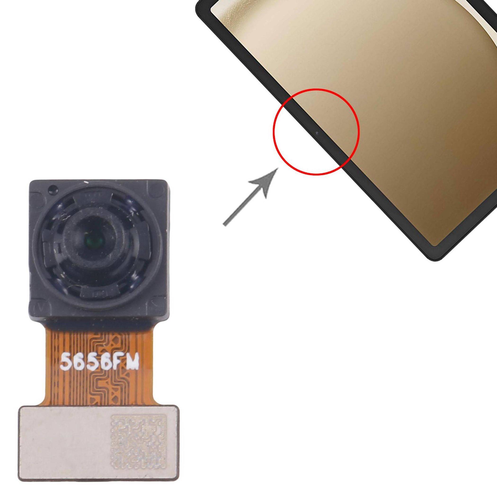 Eine Leiterplatte mit einer angebrachten Kameraobjektiv wird gezeigt. Ein Pfeil zeigt eine vergrößerte Ansicht eines kleinen Chip-Sensors auf der Platine.