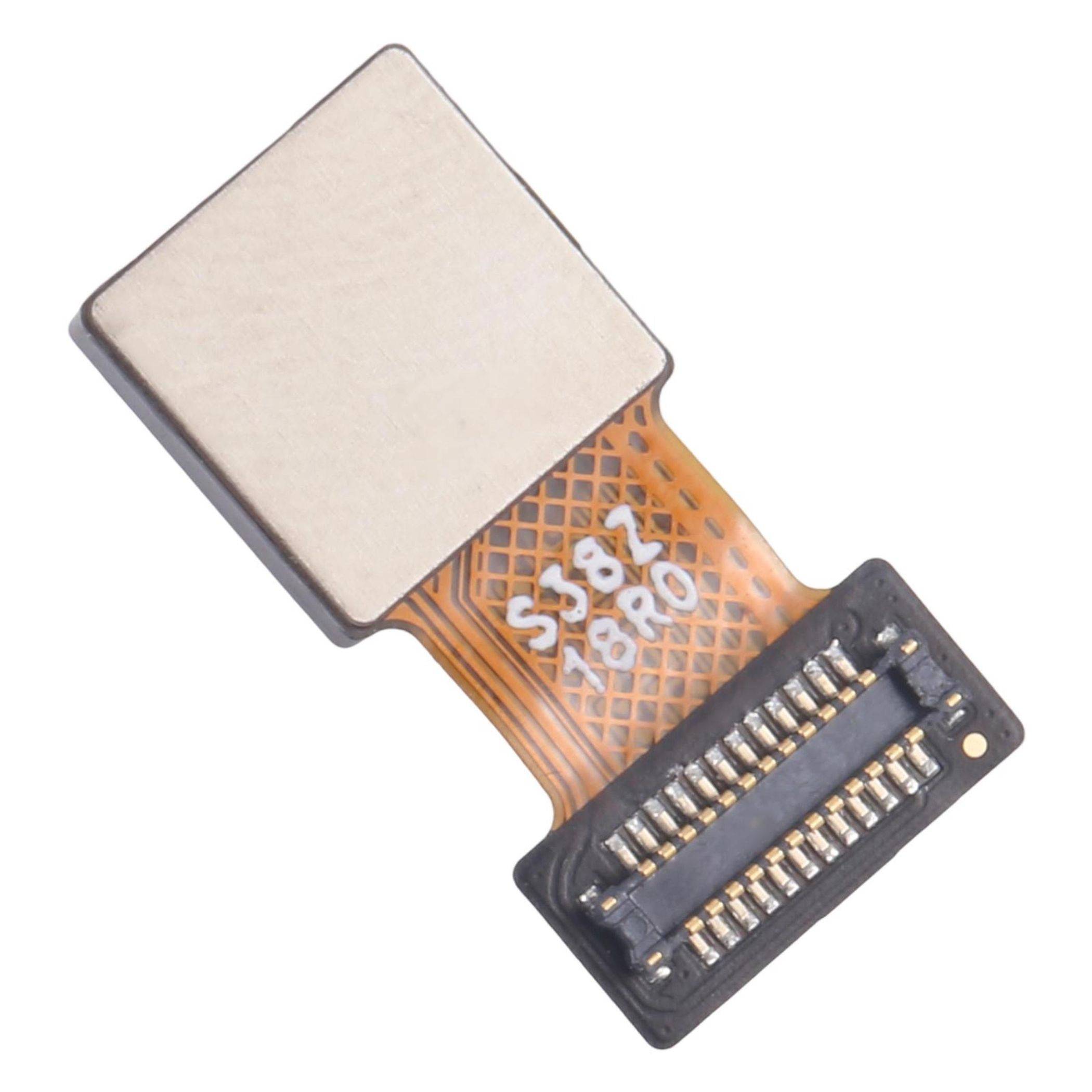 Eine Nahaufnahme einer kleinen elektronischen Komponente mit einer quadratischen Metallabdeckung und flexibrer orangefarbener Schaltung, die an eine Reihe von Anschlüssen angeschlossen ist.