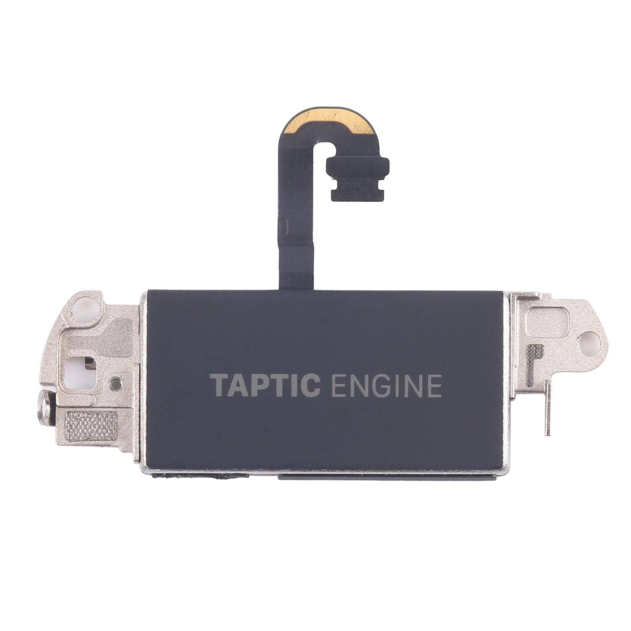 Taptic Engine' Komponente mit Metallgehäuse und Anschluss, die in Geräten zur Erzeugung von haptischem Feedback verwendet wird, vor weißem Hintergrund isoliert.