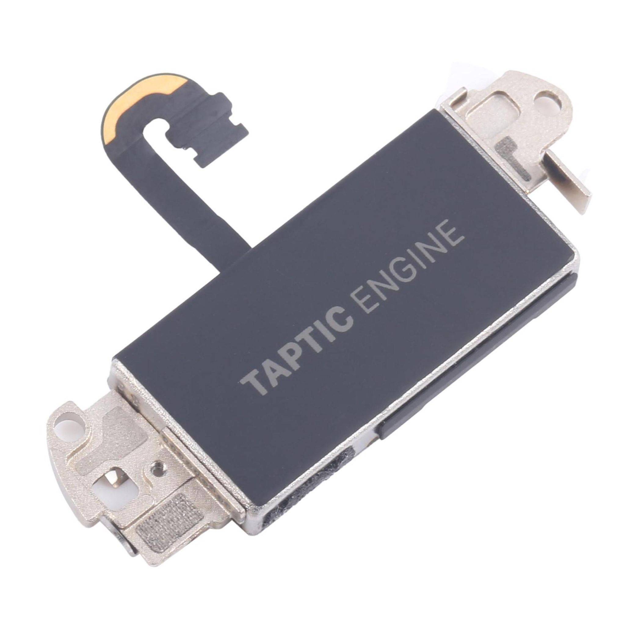 Rechteckige schwarze Komponente, beschriftet mit 'Taptic Engine', mit Metallkontakten und einem Flexkabel, verwendet in Smartphones für haptisches Feedback.