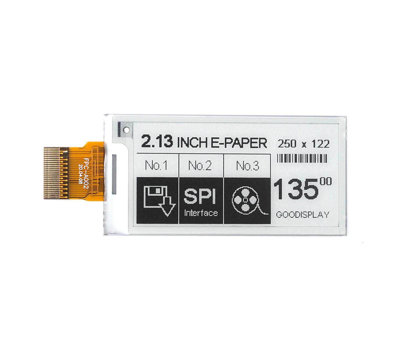 E-Paper-Display-Modul mit Bezeichnung '2,13 ZOLL E-PAPER', mit SPI-Schnittstelle, Modellnummern 'Nr. 1', 'Nr. 2', 'Nr. 3', Auflösung '250 x 122', von Good Display.