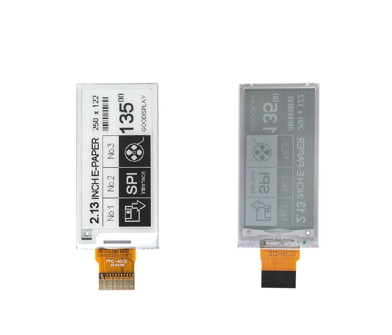 E-Paper-Displays: Zwei kompakte E-Paper-Bildschirme mit Bandkonnektoren, die detaillierte Spezifikationen und Konnektivitätsoptionen präsentieren.