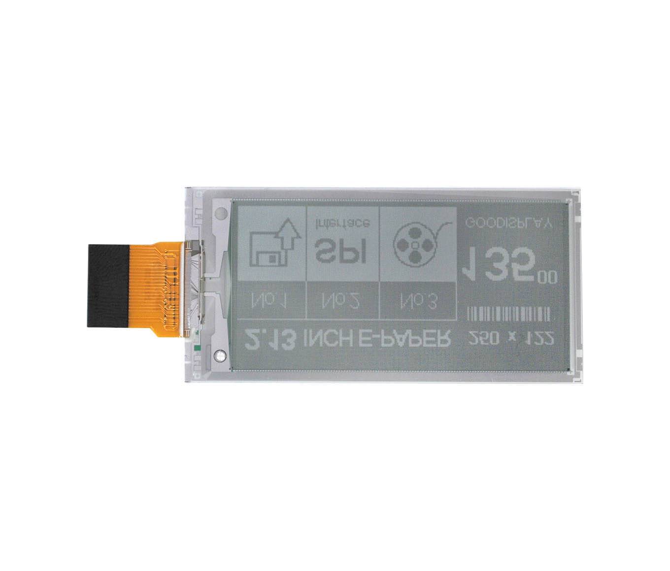 E-Ink-Display mit orangefarbener Flachbandleitung, das technische Symbole und Text einschließlich 