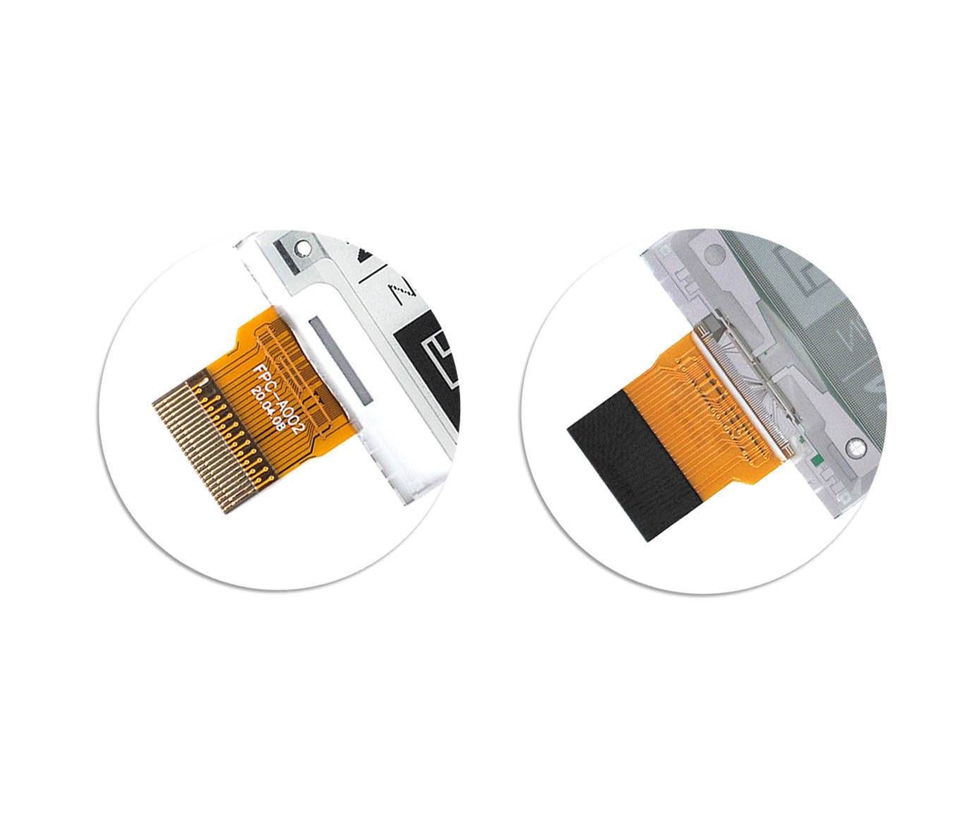 Zwei Nahaufnahmen von elektronischen Anschlüssen: links ist ein braunes Flachbandkabel mit beschrifteten Kontakten zu sehen, rechts eine silberne Kontaktleiste auf einer Schaltung.