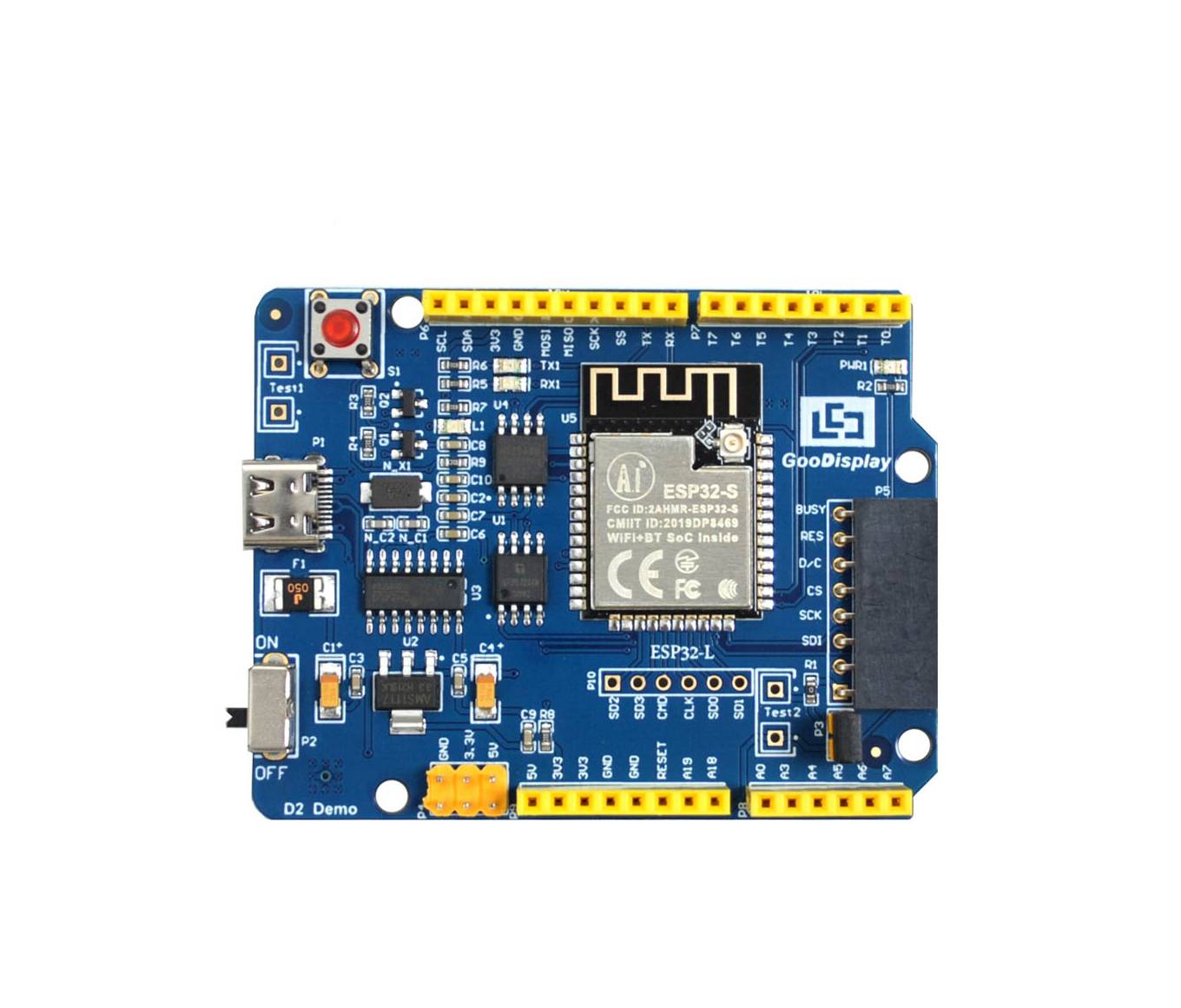 Elektronische Entwicklungsplatine mit einem ESP32-Mikrocontroller-Chip, der zentral auf einer blauen Leiterplatte mit verschiedenen Anschlüssen und Komponenten positioniert ist.