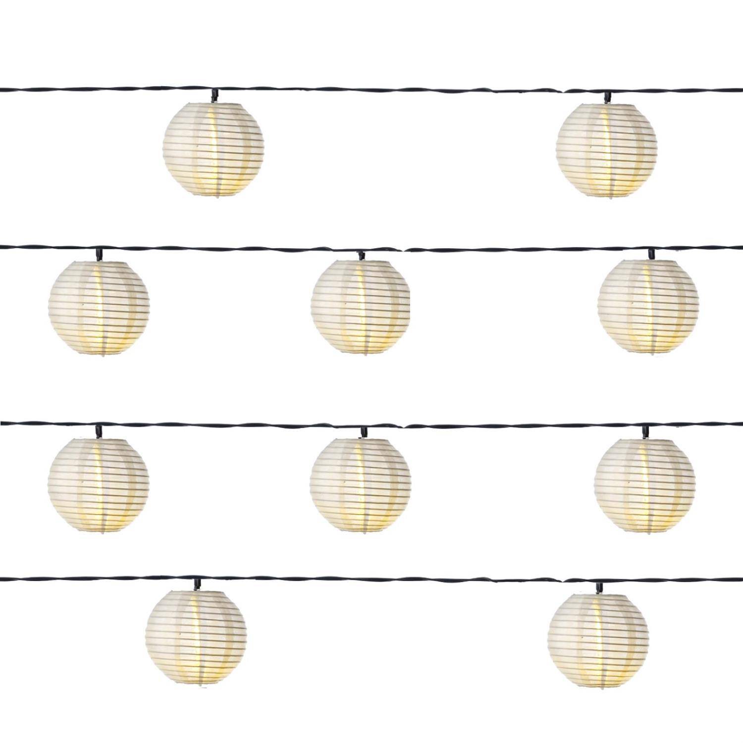 Neun runde Papierlaternen, die in drei horizontalen Reihen gleichmäßig verteilt an schwarzen Schnüren hängen, vor einem schlichten weißen Hintergrund.