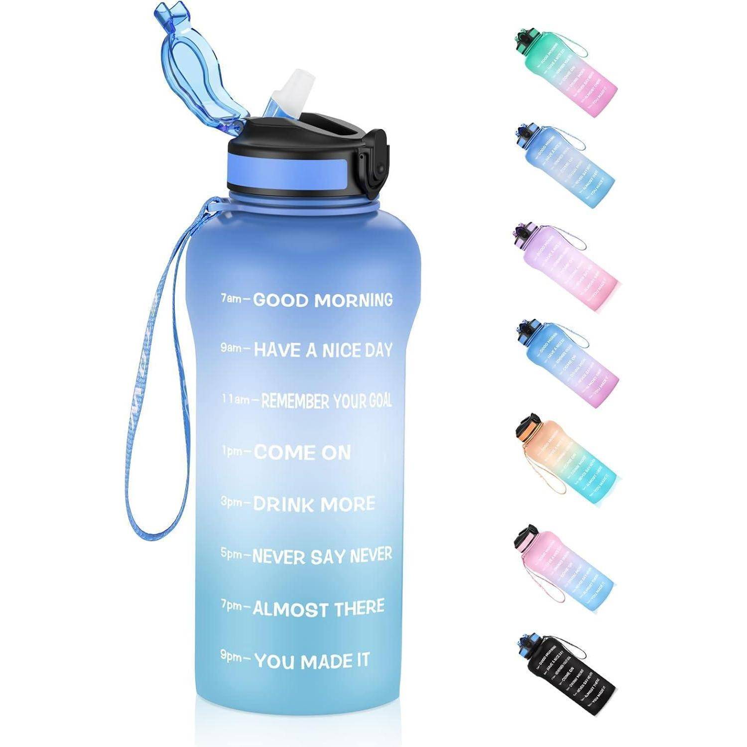 Wasserflasche mit motivierenden Zeitmarkierungen von 7 Uhr morgens bis 19 Uhr, die 